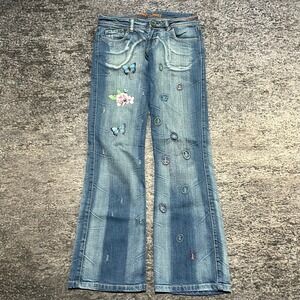 Bebina Jeans Womens 7 (30x32) Blue Butterflies Low Rise Flare Bootcut Boho Y2K